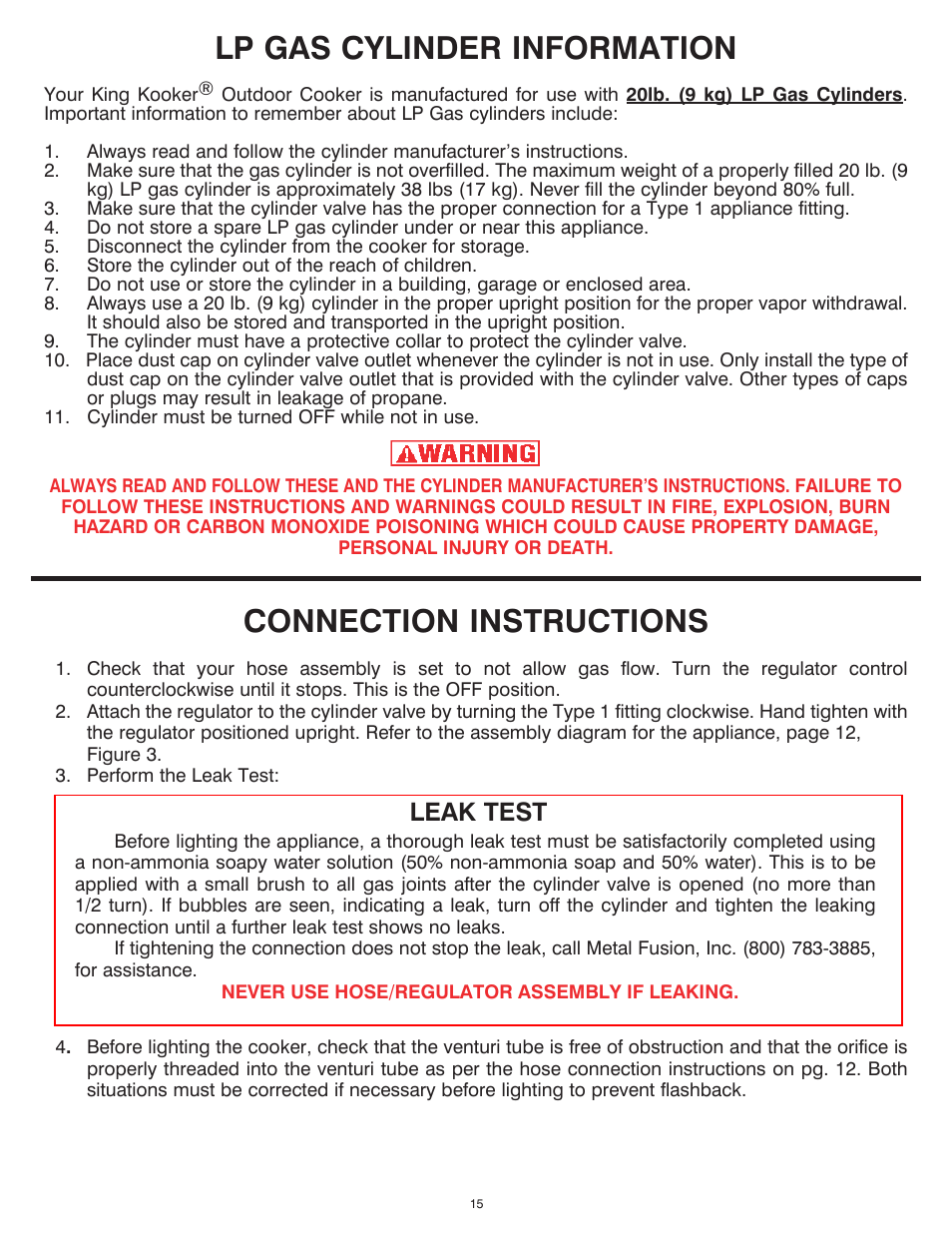 Lp gas cylinder information, Connection instructions, Leak test | King Kooker 2292 V Bottom Outdoor Cooker User Manual | Page 15 / 32