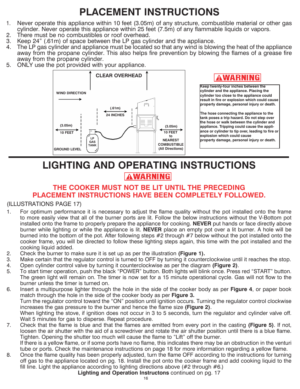 Placement instructions, Lighting and operating instructions | King Kooker 2292 V Bottom Outdoor Cooker User Manual | Page 16 / 32