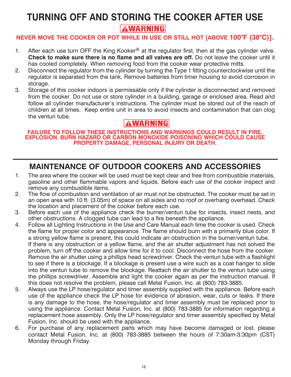 Turning off and storing the cooker after use, Maintenance of outdoor cookers and accessories | King Kooker 2292 V Bottom Outdoor Cooker User Manual | Page 18 / 32