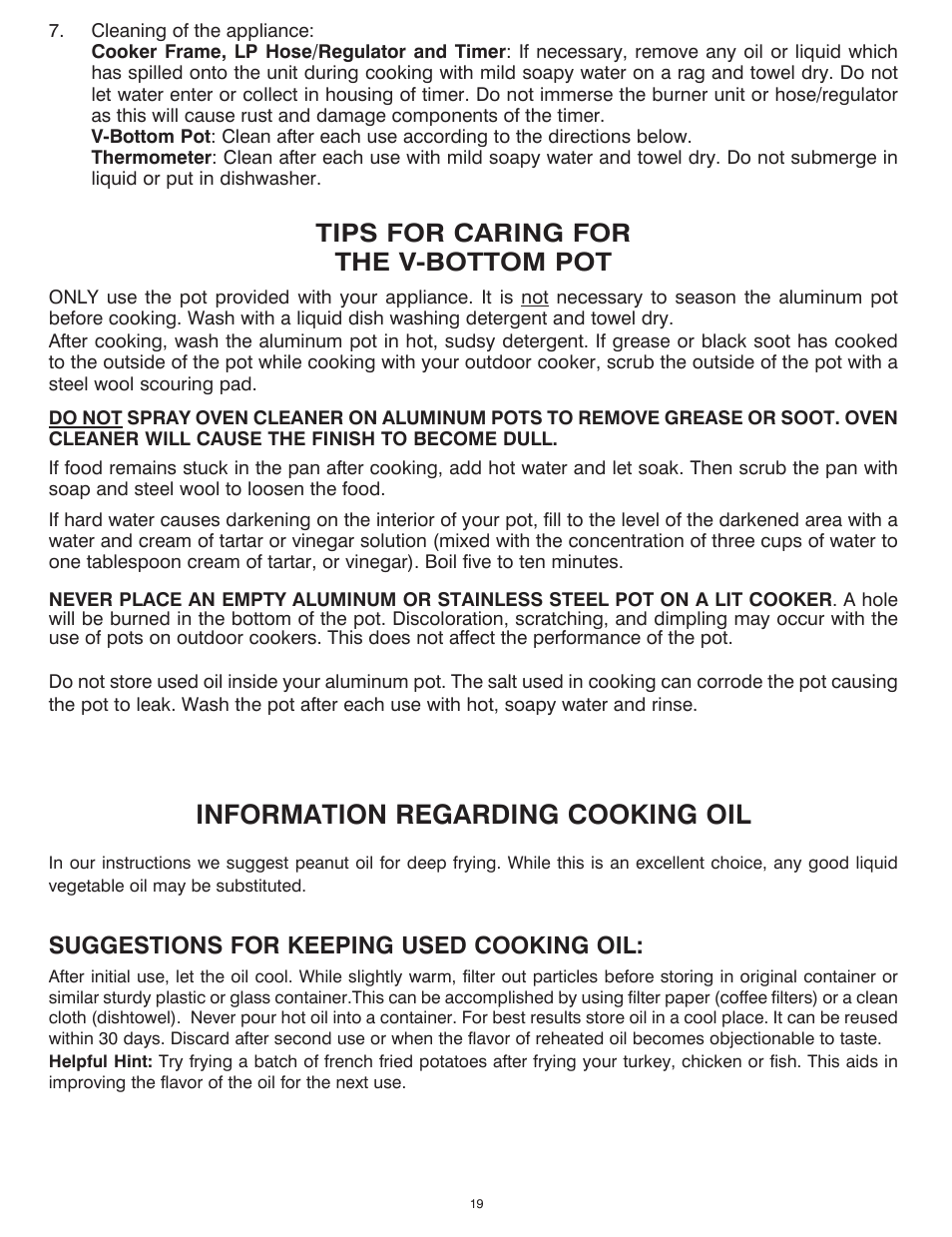 Information regarding cooking oil, Tips for caring for the v-bottom pot, Suggestions for keeping used cooking oil | King Kooker 2292 V Bottom Outdoor Cooker User Manual | Page 19 / 32