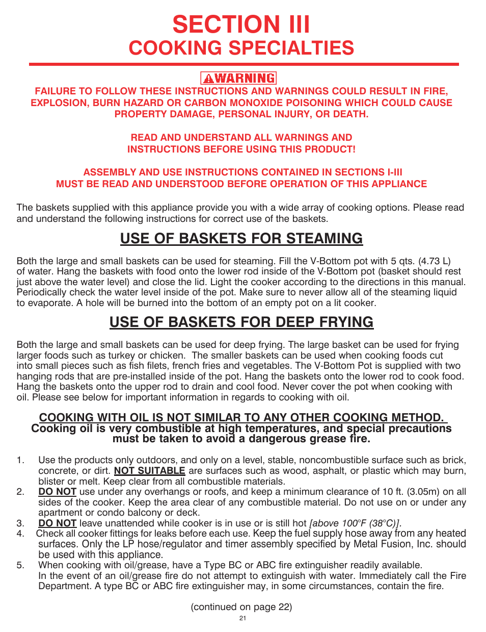 Cooking specialties, Use of baskets for steaming, Use of baskets for deep frying | King Kooker 2292 V Bottom Outdoor Cooker User Manual | Page 21 / 32