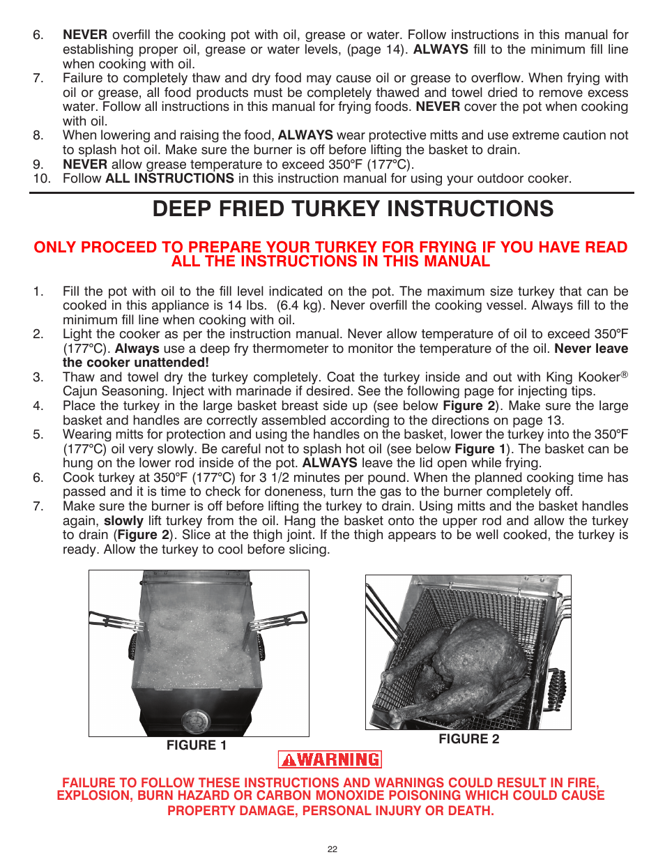 Deep fried turkey instructions | King Kooker 2292 V Bottom Outdoor Cooker User Manual | Page 22 / 32