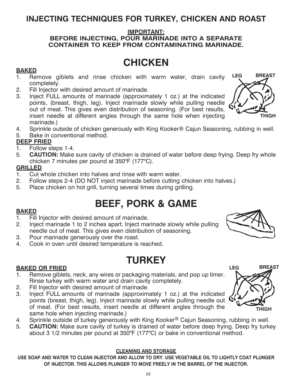 Chicken, Beef, pork & game, Turkey | Injecting techniques for turkey, chicken and roast | King Kooker 2292 V Bottom Outdoor Cooker User Manual | Page 23 / 32