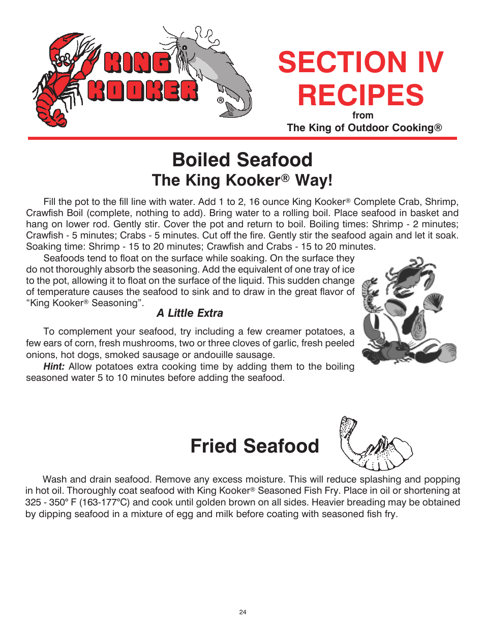 Boiled seafood, Fried seafood, The king kooker | King Kooker 2292 V Bottom Outdoor Cooker User Manual | Page 24 / 32