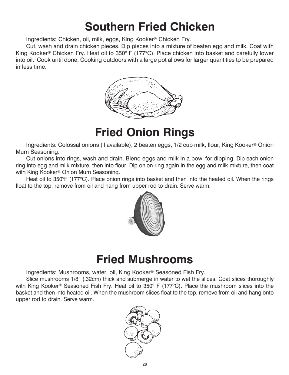 Southern fried chicken, Fried onion rings, Fried mushrooms | King Kooker 2292 V Bottom Outdoor Cooker User Manual | Page 26 / 32