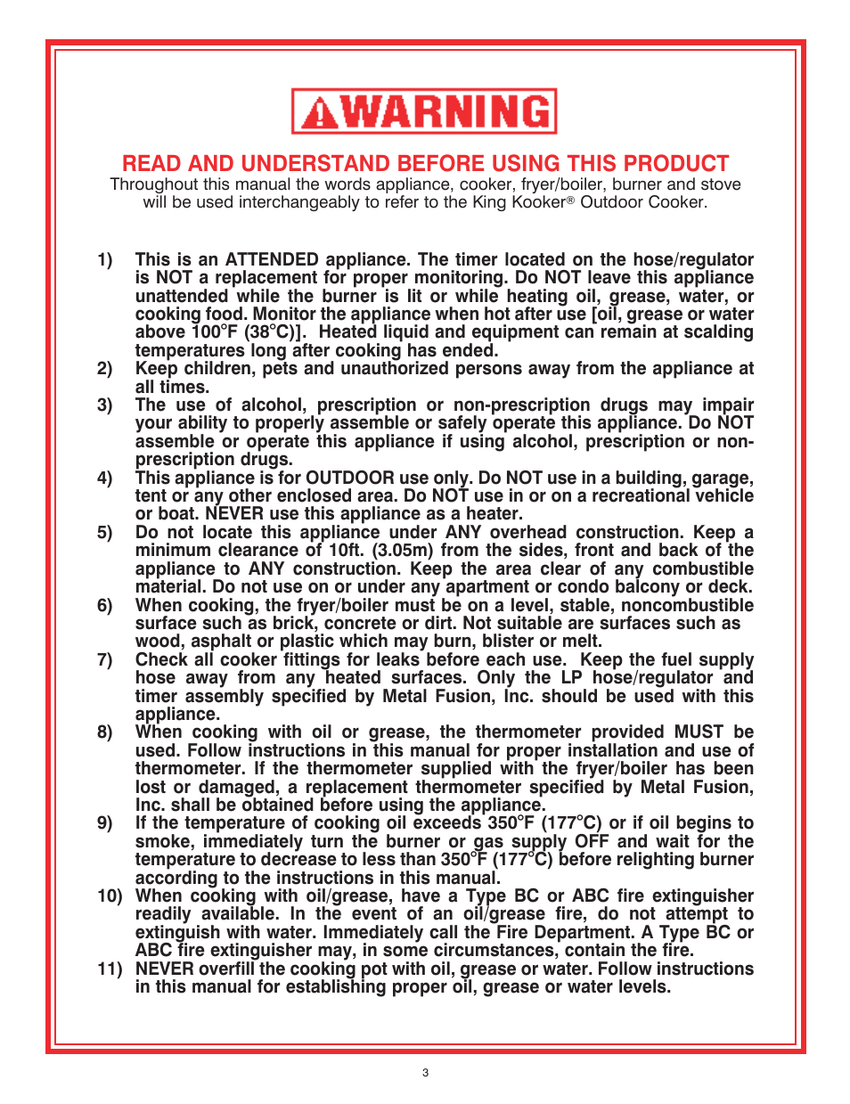 Read and understand before using this product | King Kooker 2292 V Bottom Outdoor Cooker User Manual | Page 3 / 32