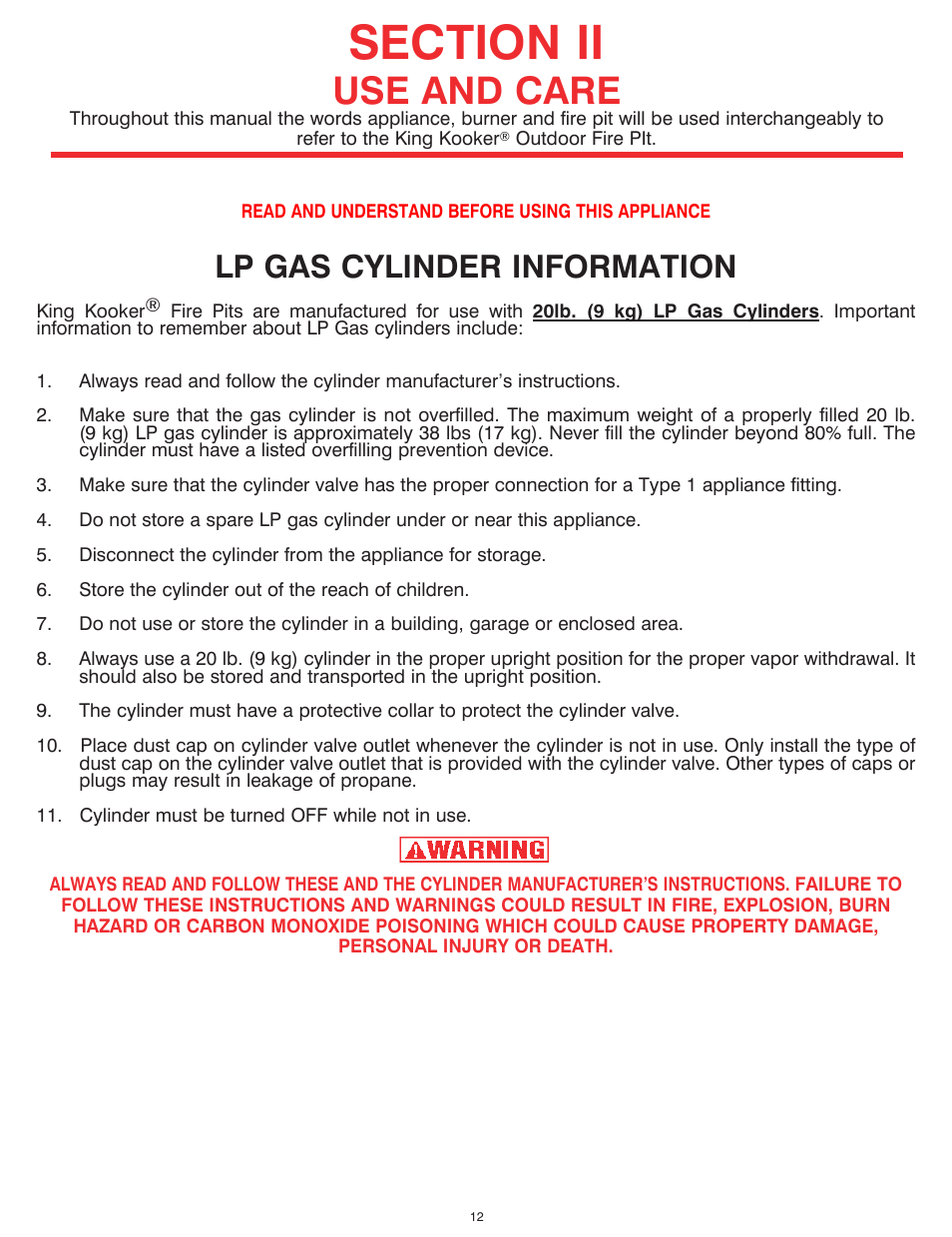 Use and care, Lp gas cylinder information | King Kooker Fire Pit User Manual | Page 12 / 20