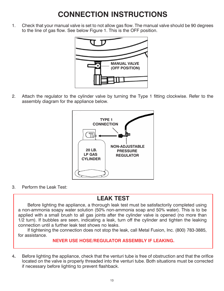 Connection instructions, Leak test | King Kooker Fire Pit User Manual | Page 13 / 20