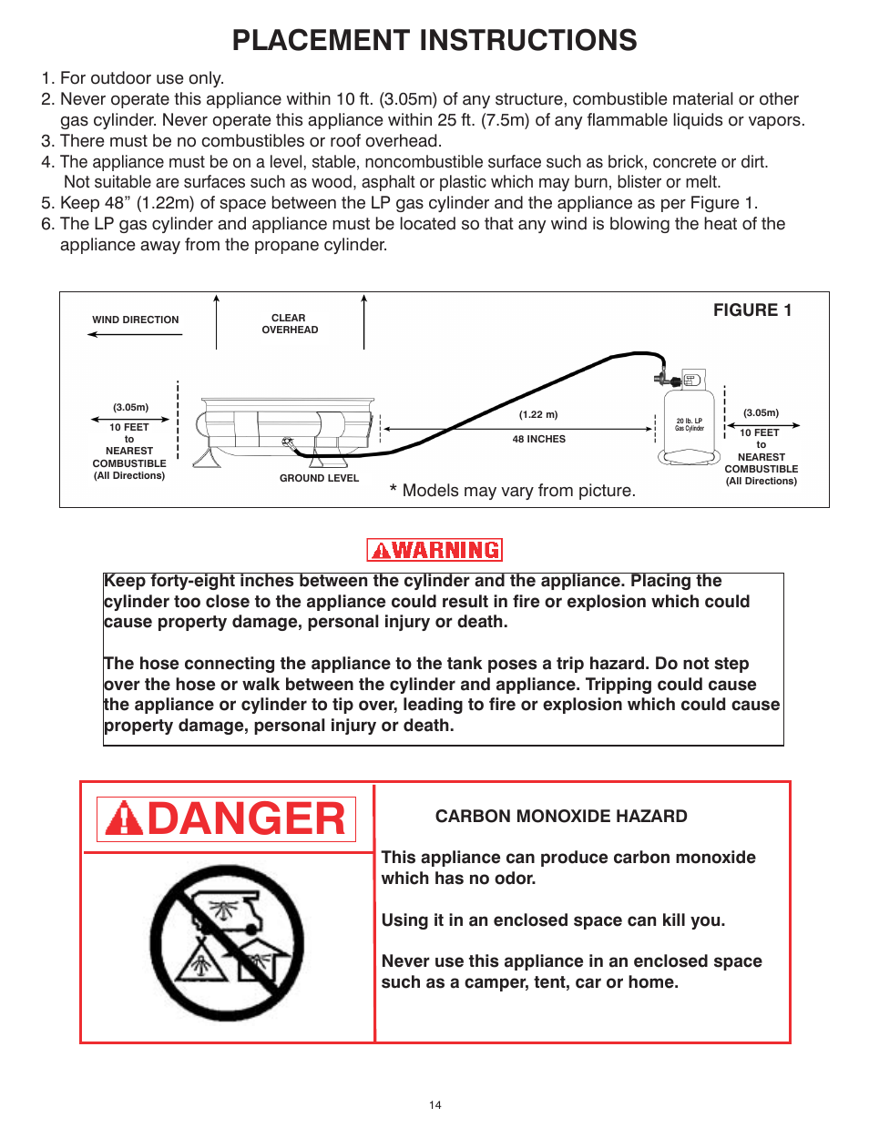 Danger, Placement instructions | King Kooker Fire Pit User Manual | Page 14 / 20