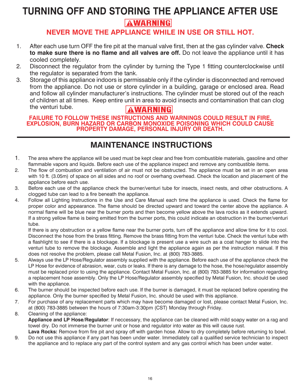 Turning off and storing the appliance after use, Maintenance instructions, Never move the appliance while in use or still hot | King Kooker Fire Pit User Manual | Page 16 / 20