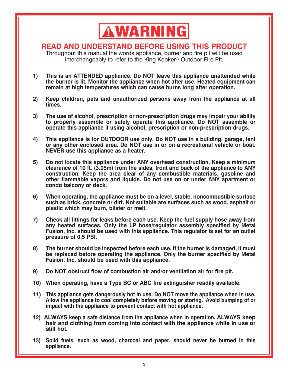 Read and understand before using this product | King Kooker Fire Pit User Manual | Page 3 / 20