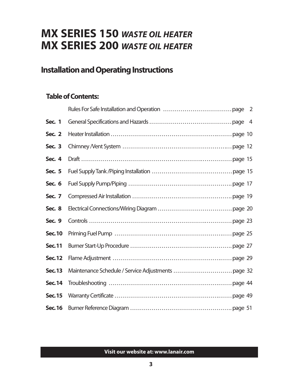 Mx series 150, Mx series 200, Waste oil heater | Lanair MX200 User Manual | Page 3 / 56