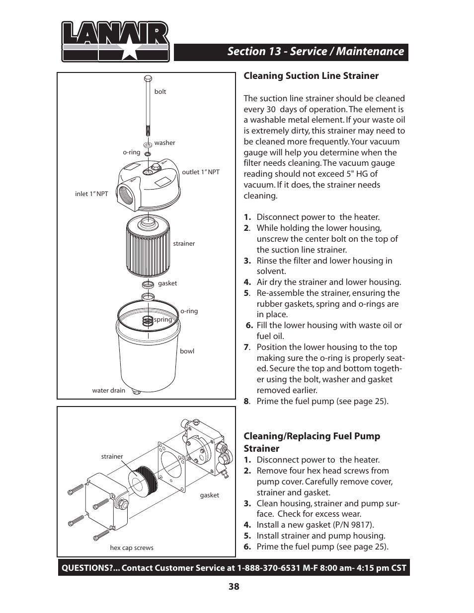 Cleaning suction line strainer, Cleaning/replacing fuel pump strainer | Lanair MX200 User Manual | Page 42 / 56