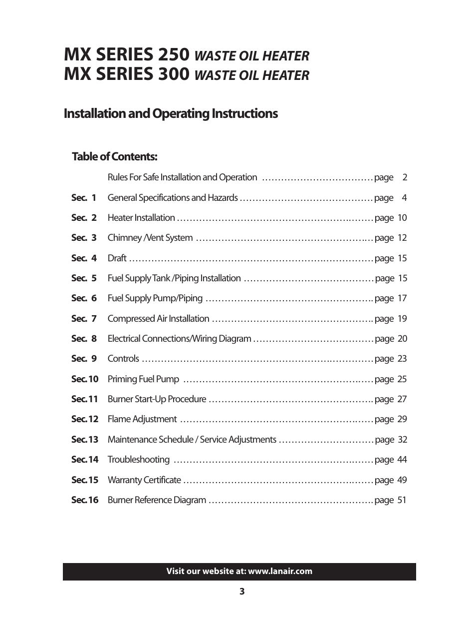 Mx series 250, Mx series 300, Waste oil heater | Lanair MX300 User Manual | Page 3 / 56