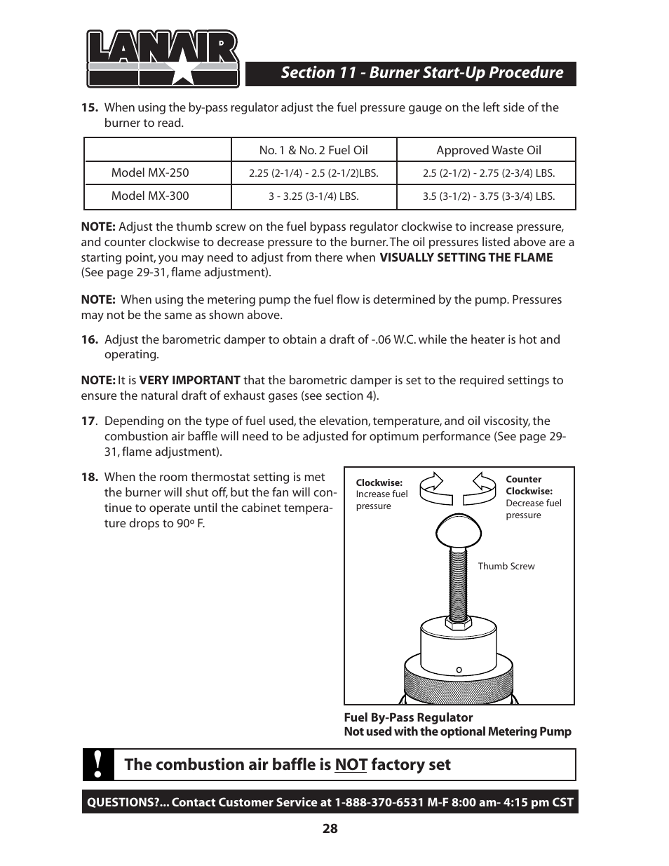 The combustion air baffle is not factory set | Lanair MX300 User Manual | Page 32 / 56