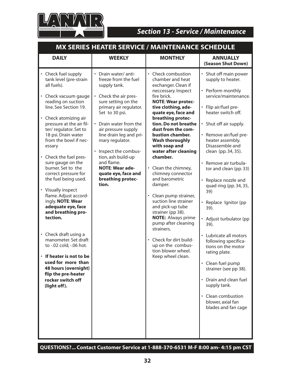 Mx series heater service / maintenance schedule | Lanair MX300 User Manual | Page 36 / 56