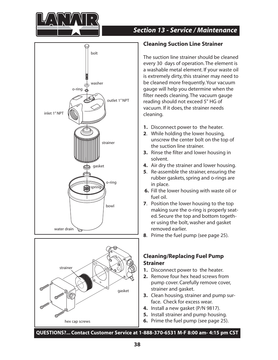 Cleaning suction line strainer, Cleaning/replacing fuel pump strainer | Lanair MX300 User Manual | Page 42 / 56