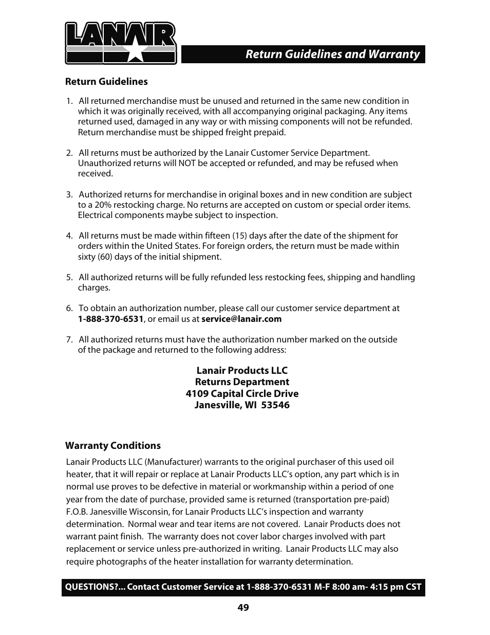 Return guidelines and warranty | Lanair MX300 User Manual | Page 53 / 56
