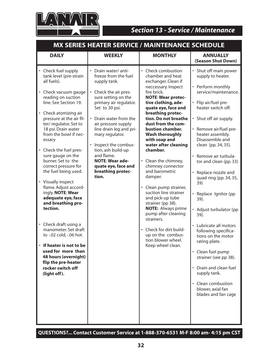 Mx series heater service / maintenance schedule | Lanair MXD200 User Manual | Page 36 / 56