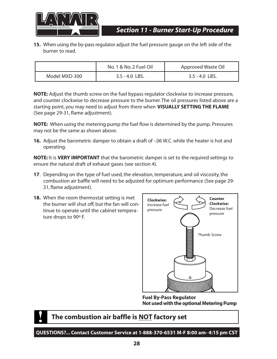 The combustion air baffle is not factory set | Lanair MXD300 User Manual | Page 32 / 56