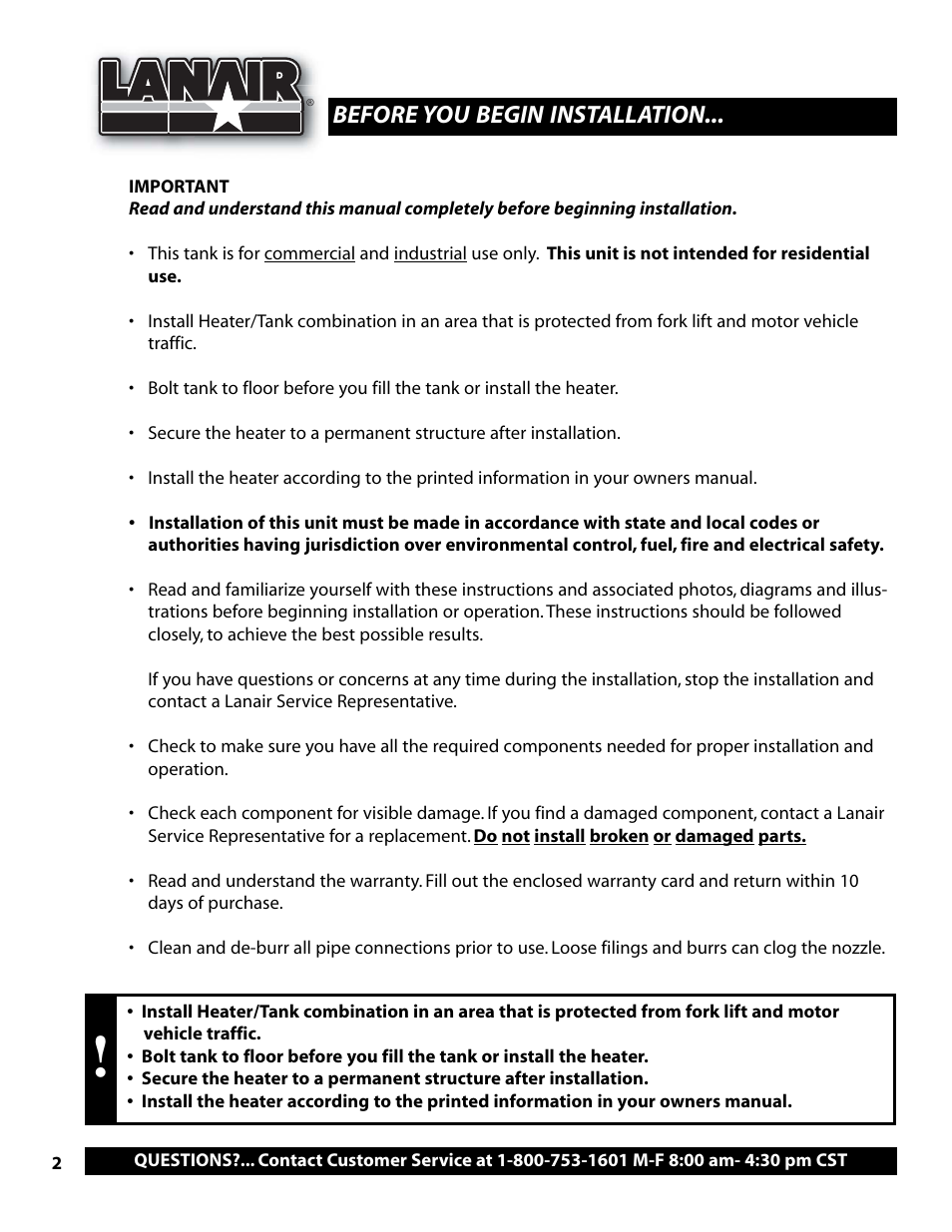 Before you begin installation | Lanair 215 Gallon Tank With Bypass Regulator User Manual | Page 2 / 12