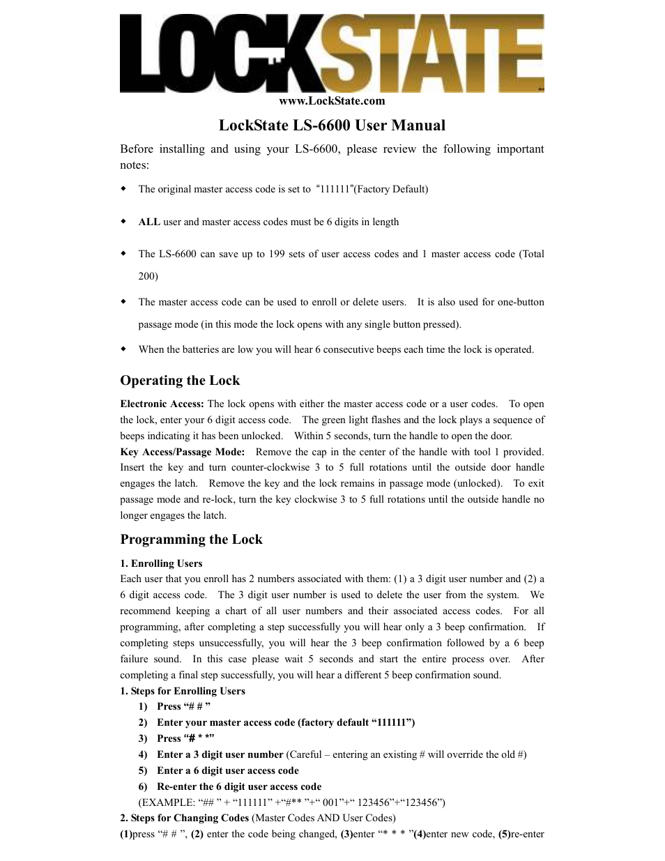 LOCKSTATE LS-6600 User Manual | 6 pages