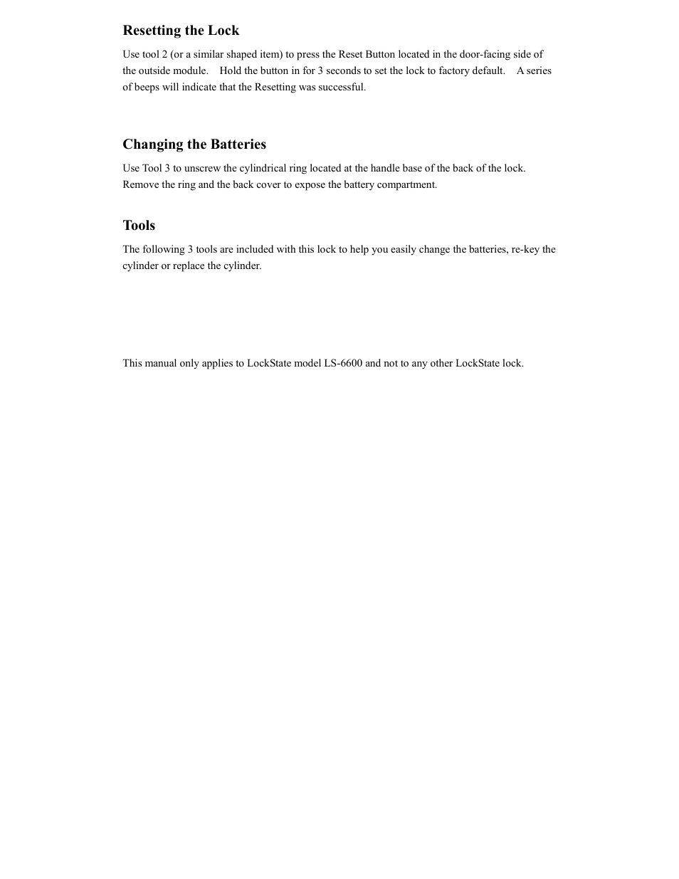 Resetting the lock, Changing the batteries, Tools | LOCKSTATE LS-6600 User Manual | Page 5 / 6