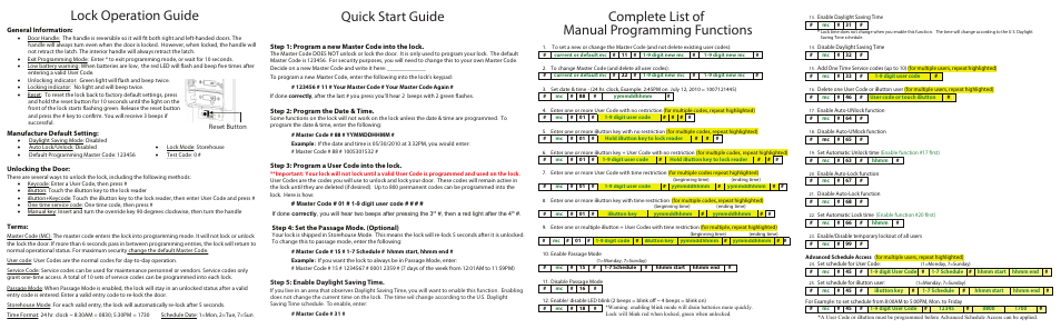 Complete list of manual programming functions, Lock operation guide, Quick start guide | General information, Manufacture default setting, Unlocking the door, Terms, Reset button, Step 1: program a new master code into the lock, Step 2: program the date & time | LOCKSTATE RL2000/LS-1250 User Manual | Page 2 / 2
