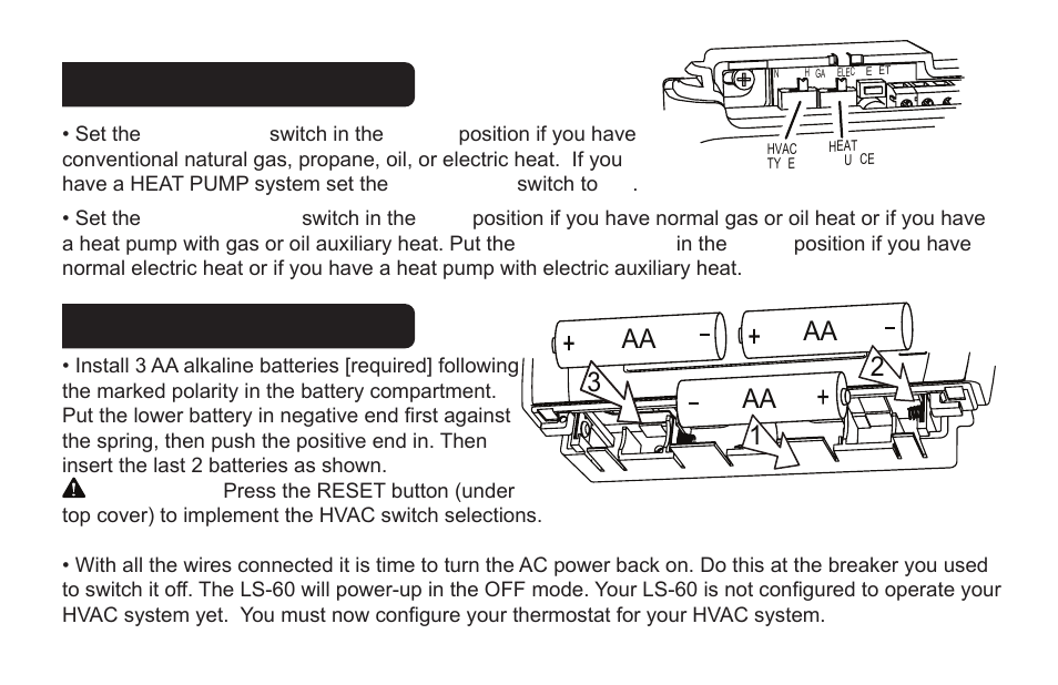 Aa 1 2 3, Hvac selection, Install 3 aa batteries | LOCKSTATE LS-60 Installation Guide User Manual | Page 8 / 18