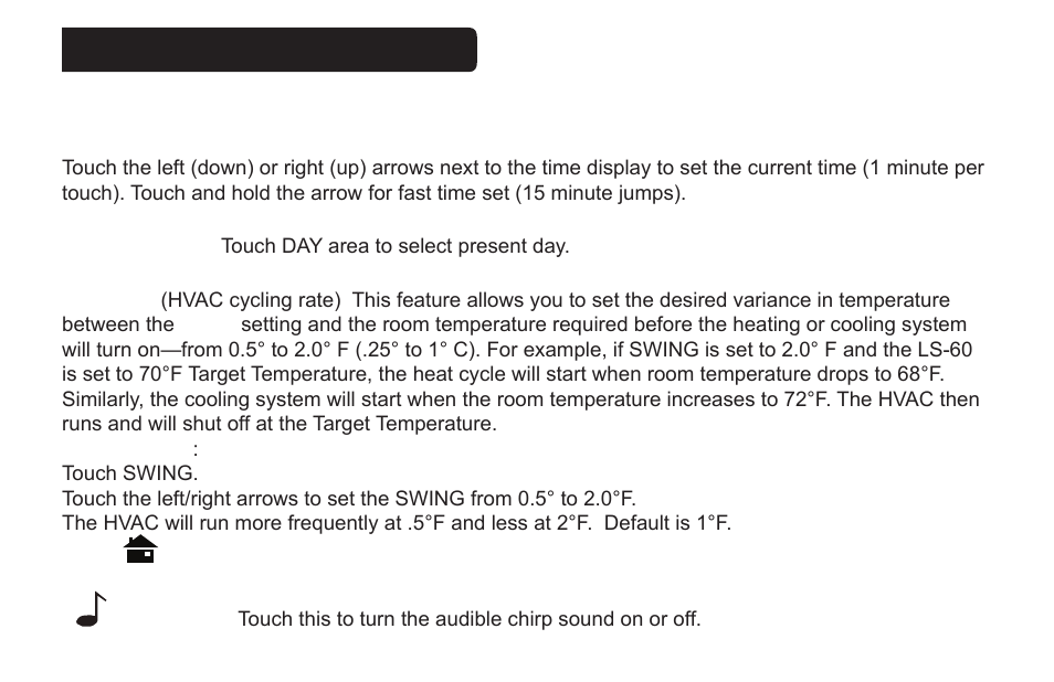Menu screen functions, Time of day, Day of week | Swing, Chirp set | LOCKSTATE LS-60 Operation Guide User Manual | Page 10 / 16
