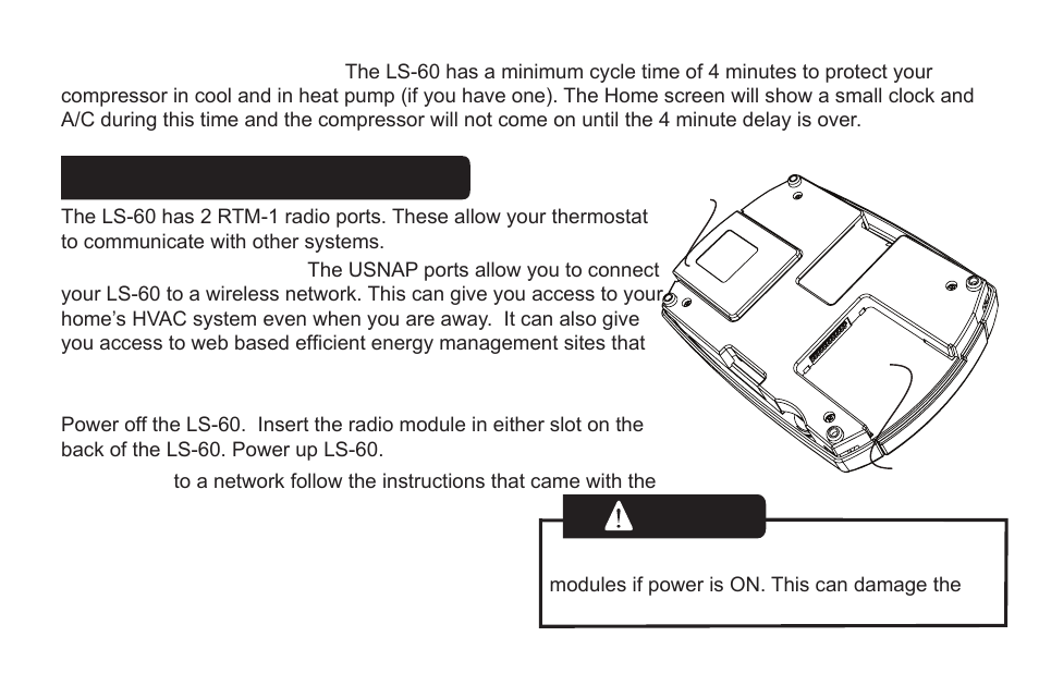 Caution, Compressor protection, Communicating thermostat | Using usnap radios | LOCKSTATE LS-60 Operation Guide User Manual | Page 16 / 16