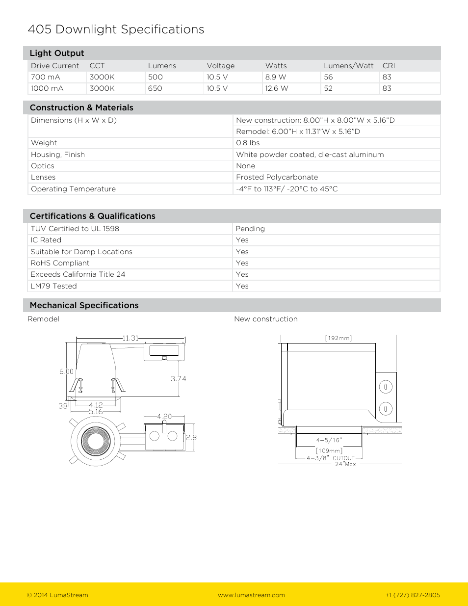 405 downlight specifications | LumaStream 405 Downlight User Manual | Page 2 / 3