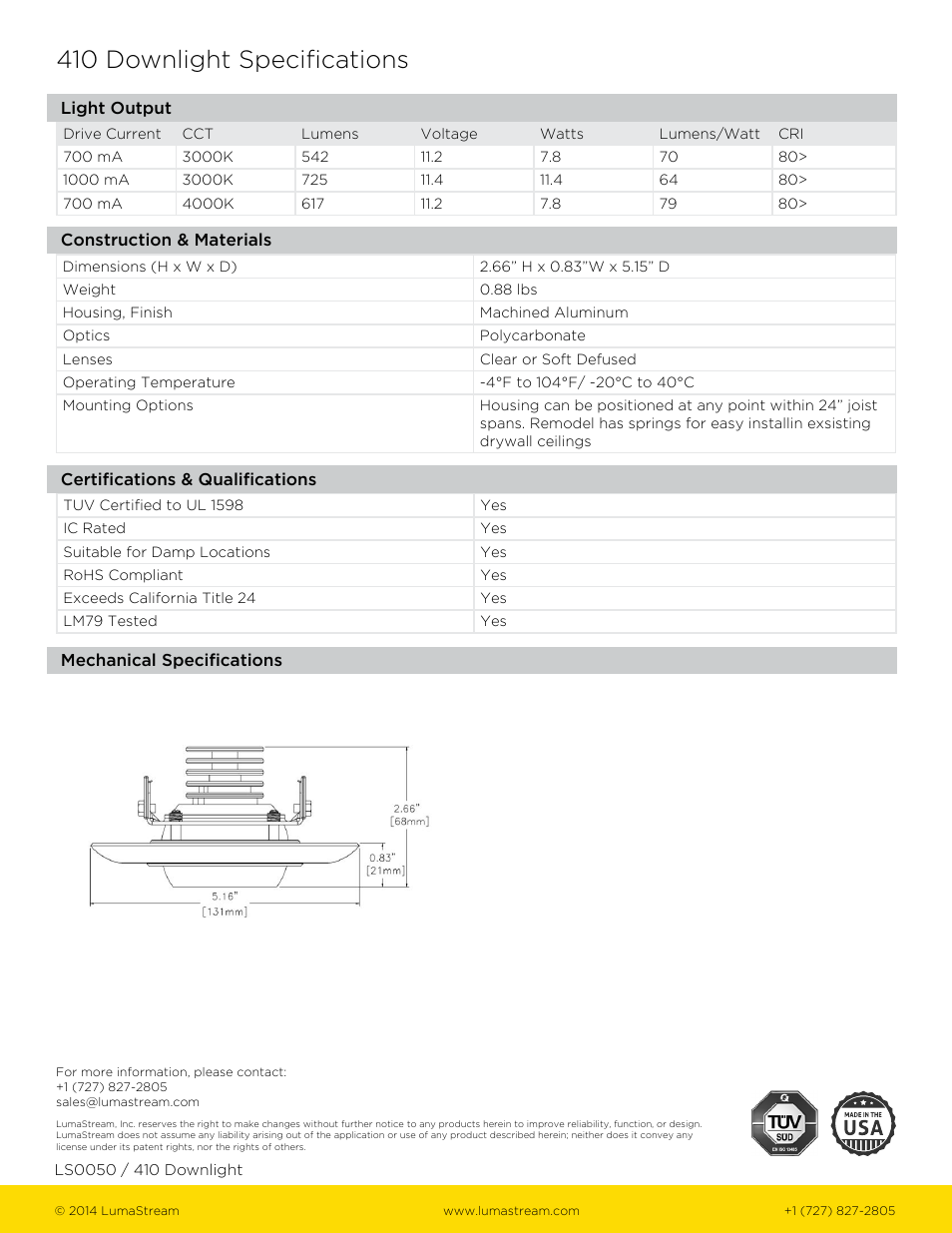 410 downlight specifications | LumaStream 410 Downlight User Manual | Page 2 / 2