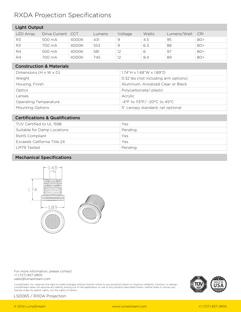 Rxda projection specifications | LumaStream Dual Angle User Manual | Page 2 / 2