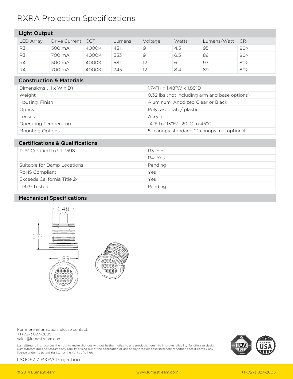 Rxra projection specifications | LumaStream Right Angle User Manual | Page 2 / 2