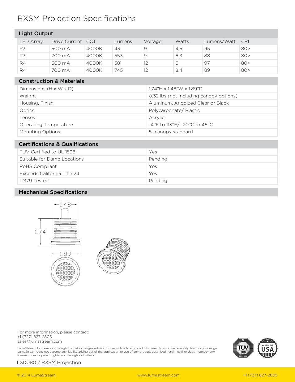 Rxsm projection specifications | LumaStream Canopy Mount User Manual | Page 2 / 2