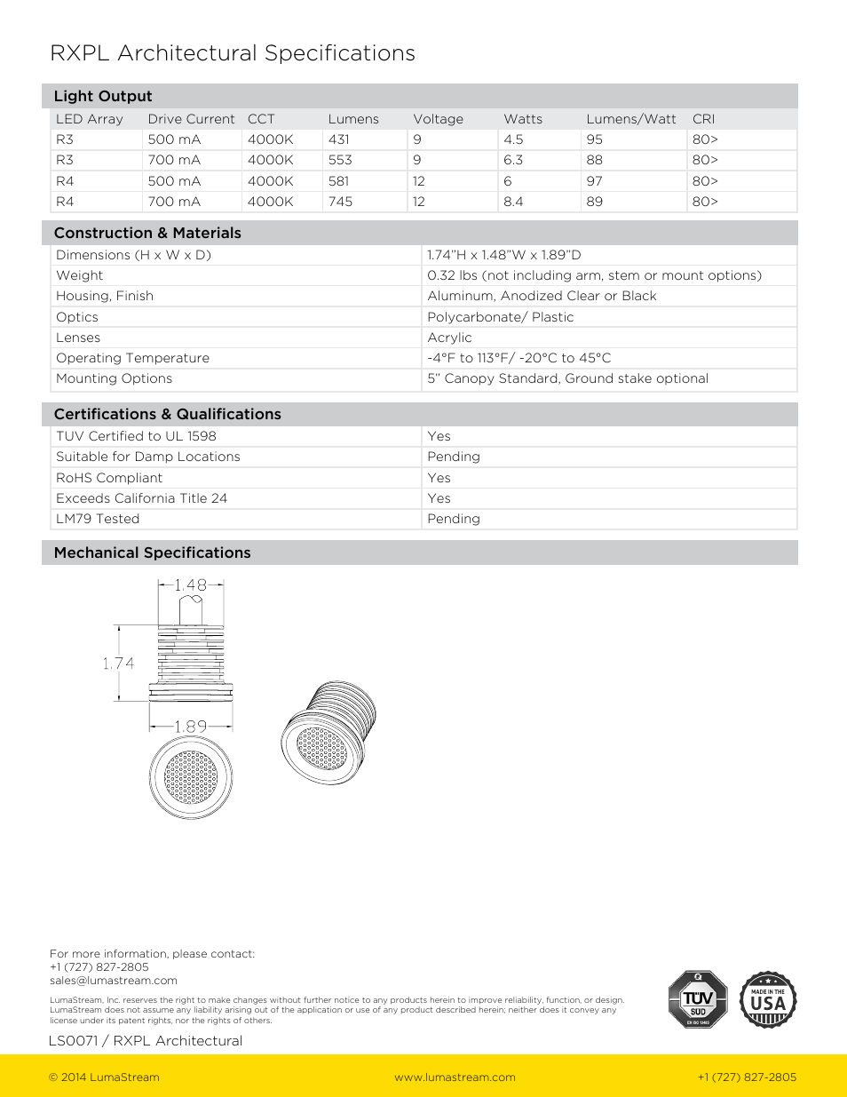 Rxpl architectural specifications | LumaStream Pelican- Path Light LED User Manual | Page 2 / 2