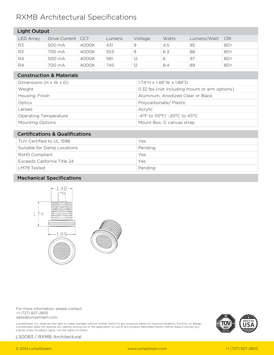 Rxmb architectural specifications | LumaStream Weedon- Strap Mount LED User Manual | Page 2 / 2