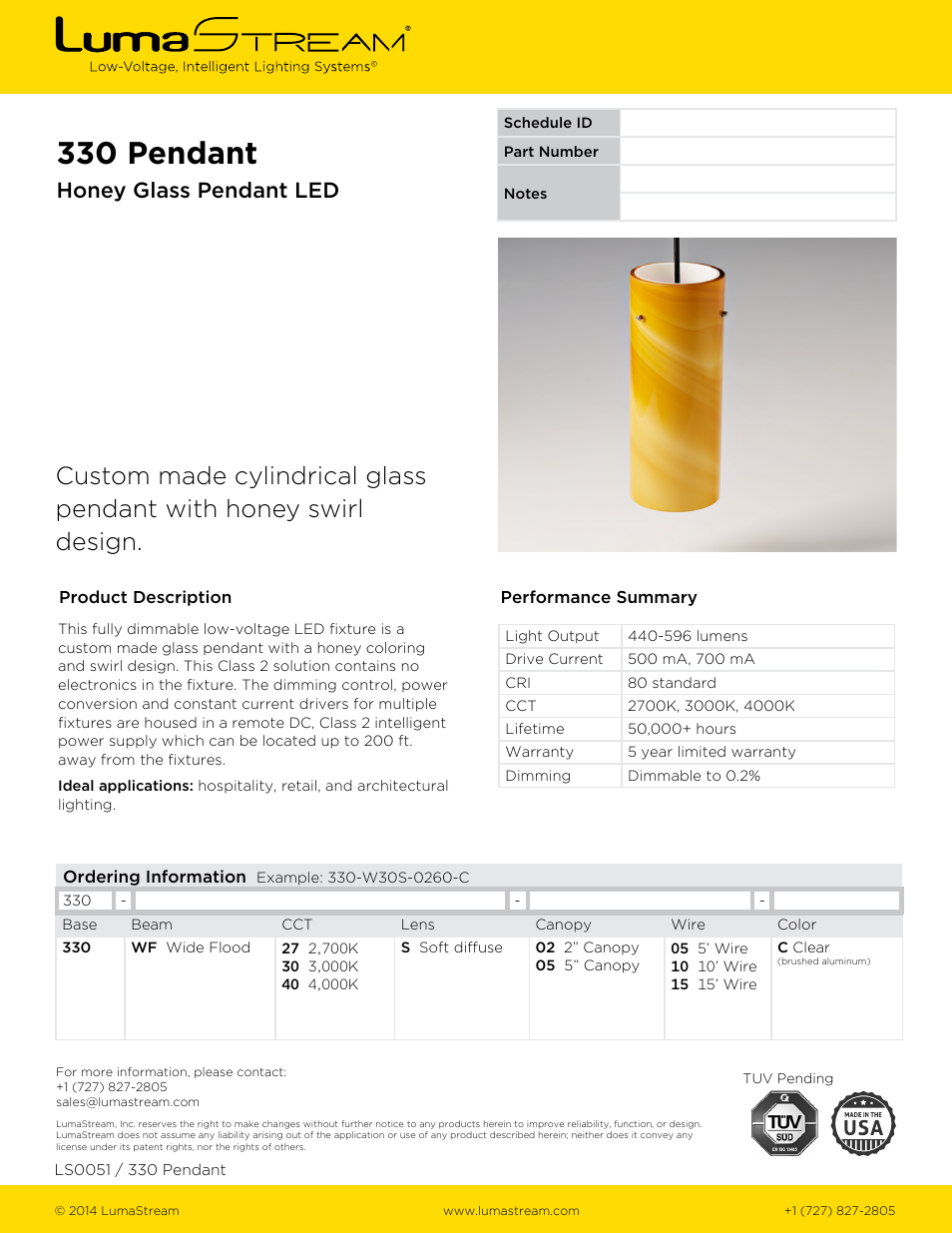 LumaStream 330 Honey Glass Pendant User Manual | 1 page