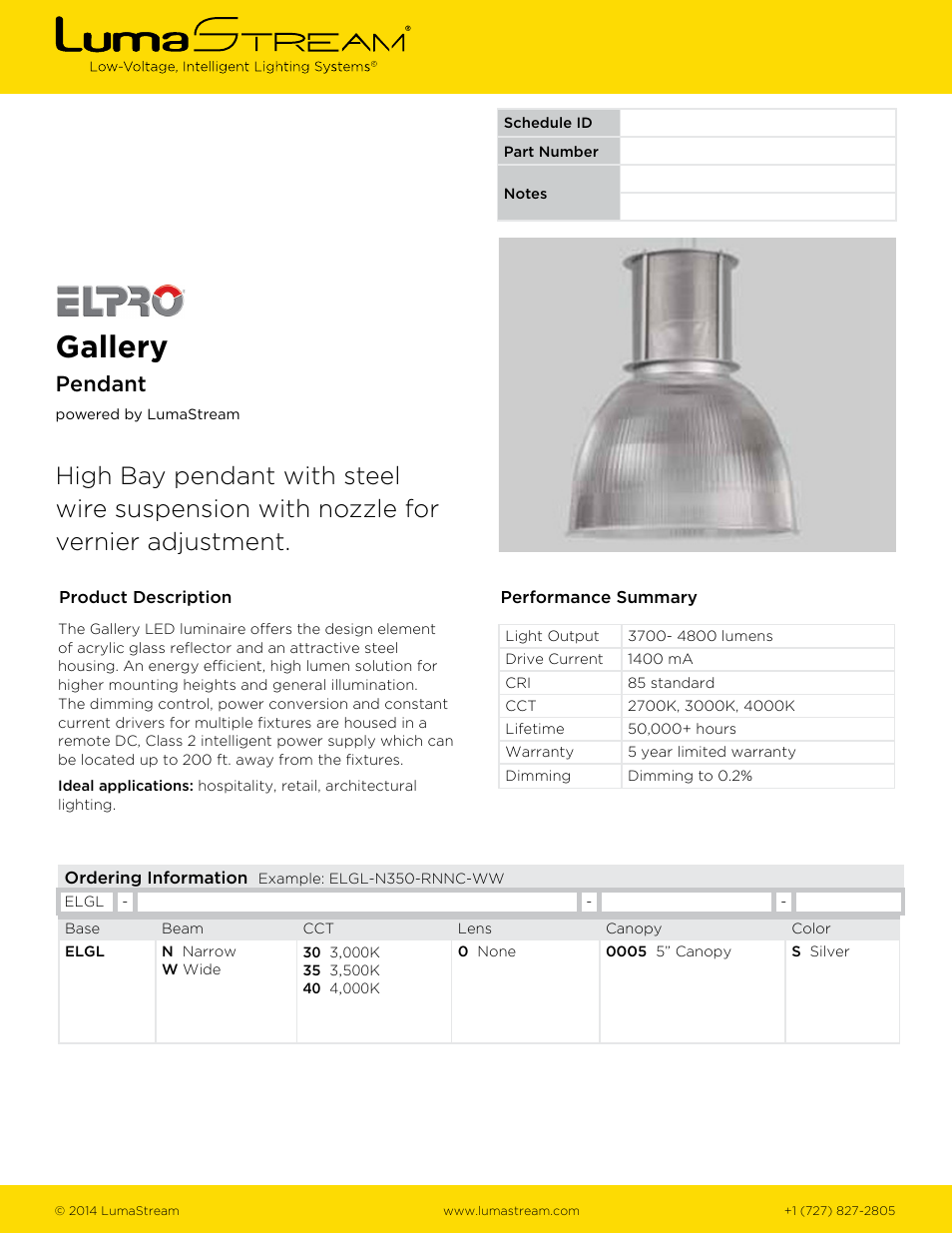 LumaStream Gallery 410- Pendant High Lumen User Manual | 1 page