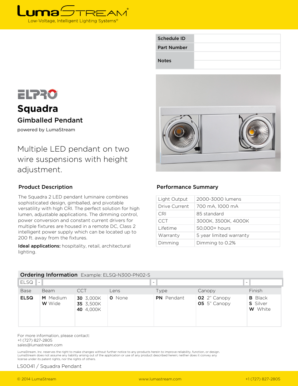 LumaStream Squadra 2- Gimballed Pendant User Manual | 1 page