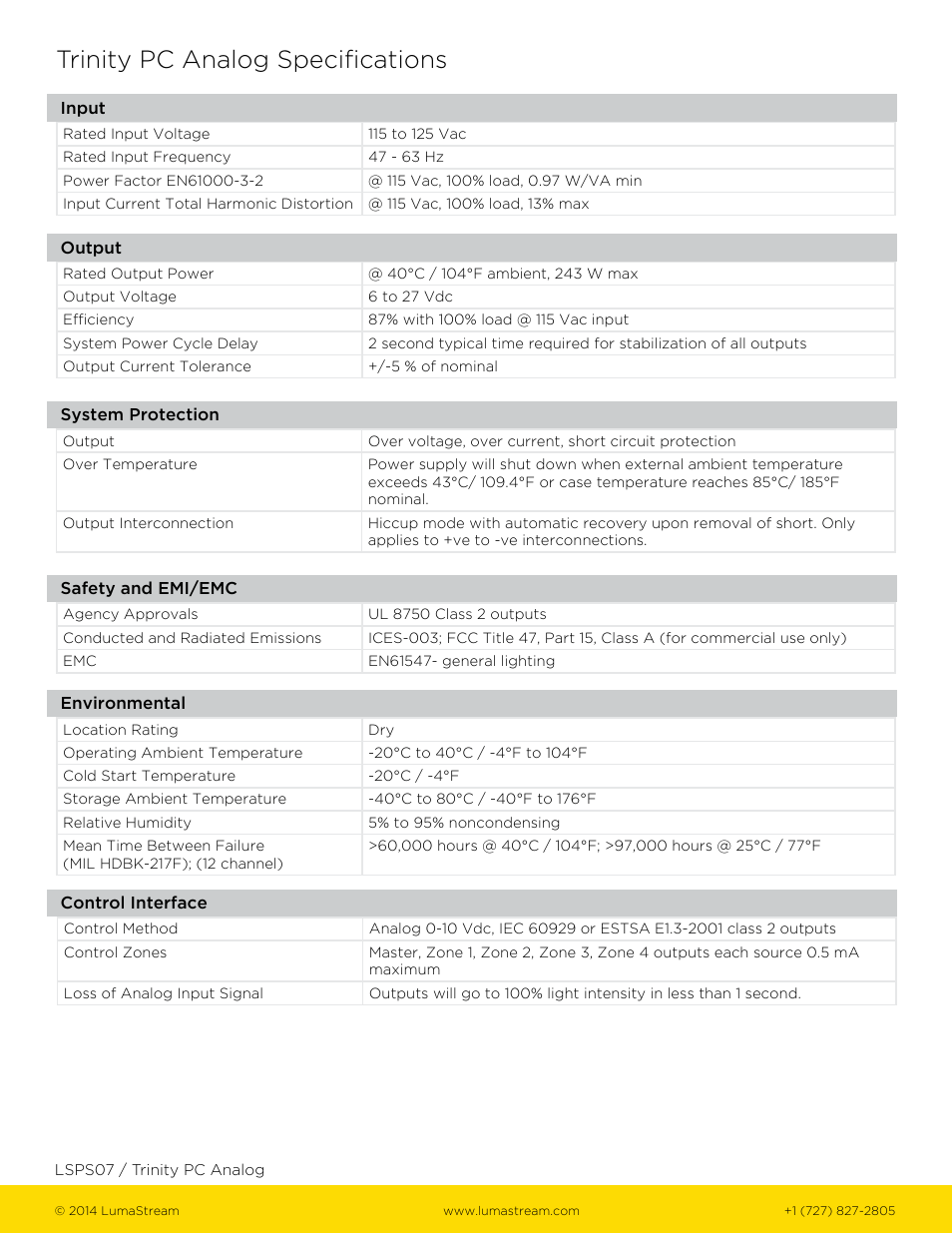 Trinity pc analog specifications | LumaStream Trinity Analog Power Cord User Manual | Page 2 / 3