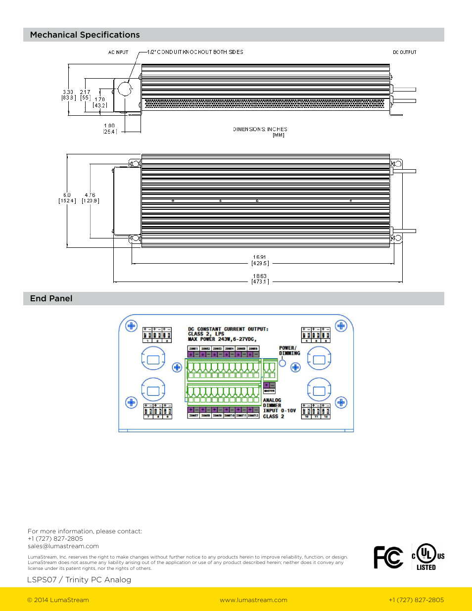 Mechanical specifications end panel | LumaStream Trinity Analog Power Cord User Manual | Page 3 / 3