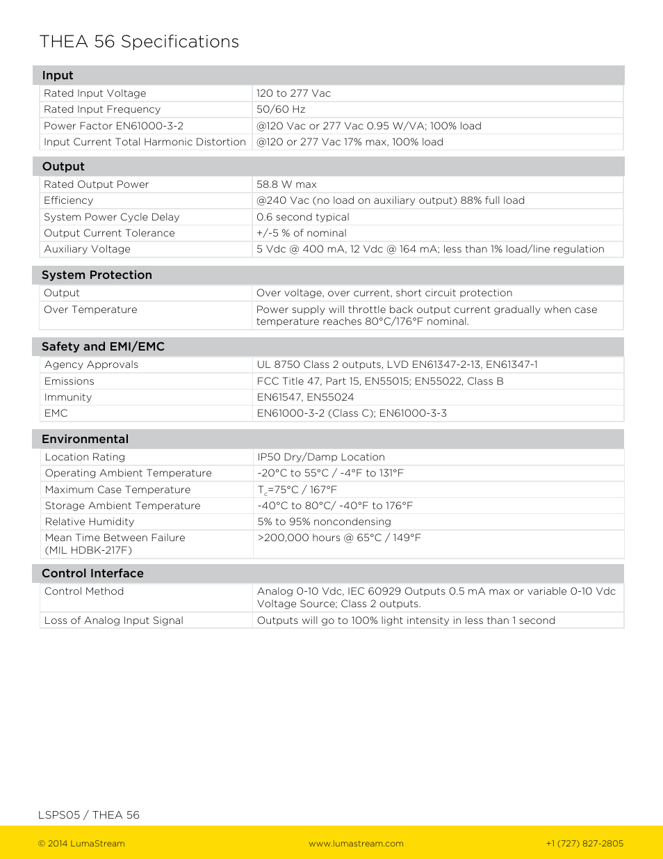 Thea 56 specifications | LumaStream THEA 56 User Manual | Page 2 / 4