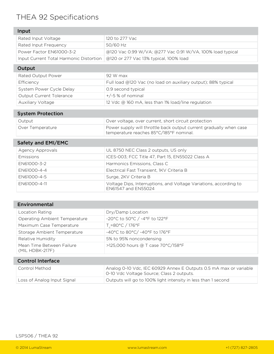 Thea 92 specifications | LumaStream THEA 92 User Manual | Page 2 / 3