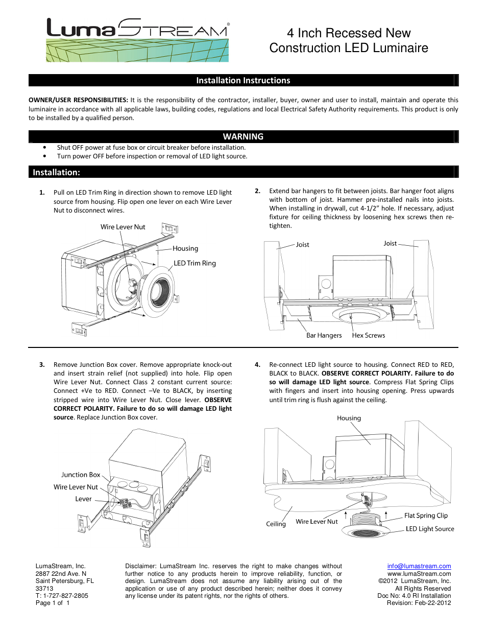 Fixturewiring.pdf, 0 ri installation feb-22-12.pdf, 4 inch recessed new construction led luminaire | Installation instructions, Warning, Installation | LumaStream DMX - INTELLIGENT POWER CENTER User Manual | Page 6 / 7