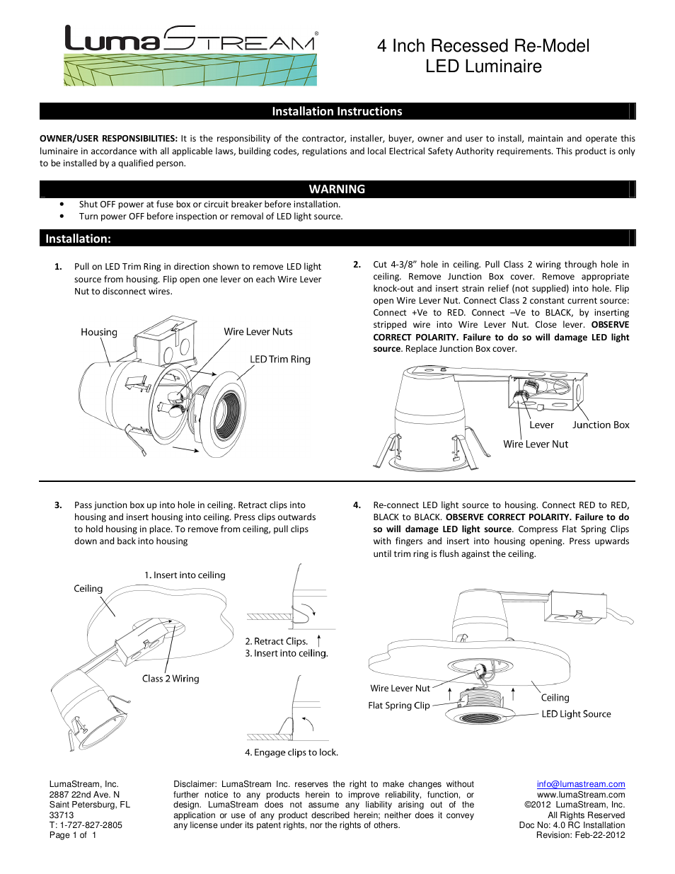 0 rc installation feb-22-12.pdf, 4 inch recessed re-model led luminaire, Installation instructions | Warning, Installation | LumaStream DMX - INTELLIGENT POWER CENTER User Manual | Page 7 / 7