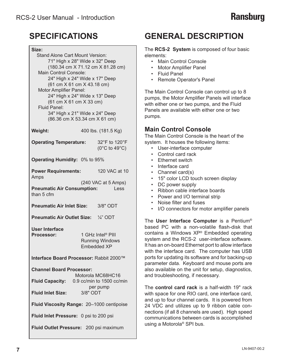 Ransburg, General description, Specifications | Main control console, Rcs-2 user manual - introduction | Ransburg RCS 2 Ratio Control System User Manual | Page 10 / 82