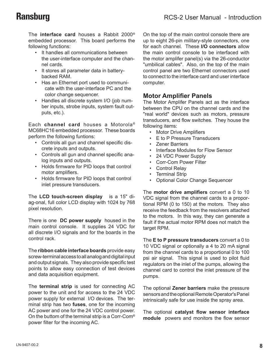 Ransburg, Motor amplifier panels, Rcs-2 user manual - introduction | Ransburg RCS 2 Ratio Control System User Manual | Page 11 / 82