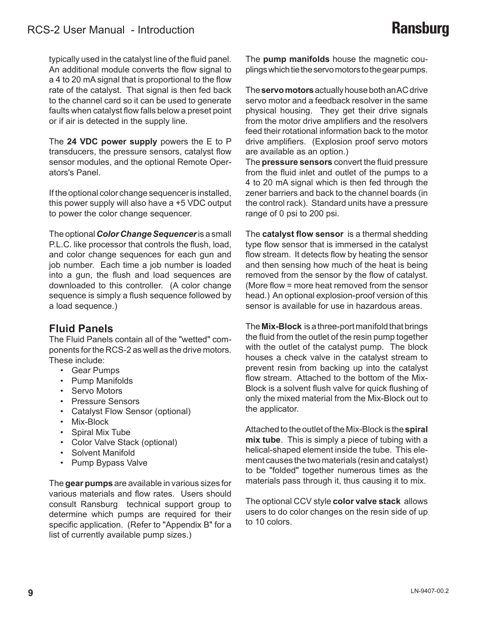 Ransburg, Fluid panels, Rcs-2 user manual - introduction | Ransburg RCS 2 Ratio Control System User Manual | Page 12 / 82